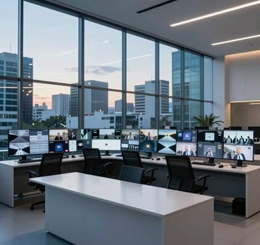 A wide-angle interior shot of a minimalist, premium monitoring center with large glass panels overlooking a South American business district, soft twilight lighting, steel blue and white tones.