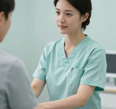 A professional physiotherapist in a clean clinic uniform engaging in a supportive consultation with a patient. The mood is empathetic and trustworthy, using a palette of soft teals and off-whites.