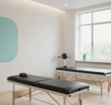 A modern, minimalist physiotherapy studio interior. The space is bright and airy with clean lines, featuring off-white (#F5F8F7) walls and subtle teal (#A0CAC7) accents. Professional medical equipment is visible but organized.