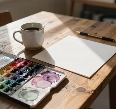 A tranquil North American art therapy studio with soft sunlight streaming in. On a rustic wooden table sits a palette with watercolors in muted rose and pale mauve, beside a ceramic mug and a fresh sheet of thick paper.
