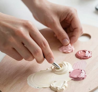 Close-up of hands gently mixing paint on a palette in a bright, empathetic North American clinical setting. The colors are soft cream and muted rose, creating a soothing and creative atmosphere.