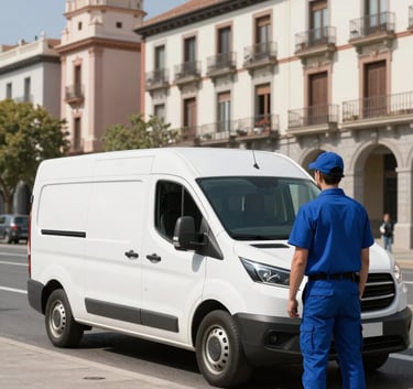 A modern white delivery van parked on a clean street in Madrid, Central European / Spanish architecture in the background, professional courier wearing a Steel Blue uniform, bright daylight.