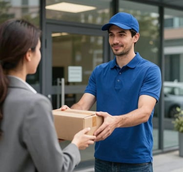 A professional courier hands a package to a business owner at the entrance of a modern office in Madrid, Central European / Spanish setting, daylight, conveying trust and efficiency.