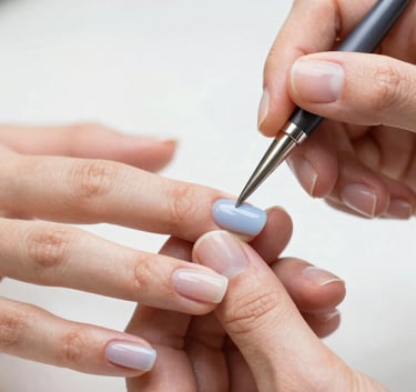 A close-up, high-detail shot of a professional manicure being performed. The nails are being shaped with precision. The aesthetic is clean and high-end, incorporating the soft tones of #C1CDD4 and professional studio lighting.