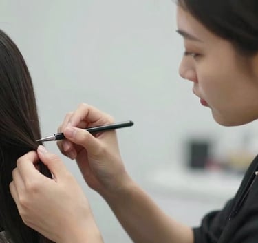 A sophisticated profile shot of a professional stylist at work, focusing on precise hand movements. The background is softly blurred with a color scheme of #F2F4F7 and #6B7A8F. The mood is one of focused excellence and modern care.