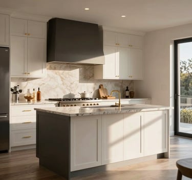 Modern open-concept kitchen in a luxury Los Angeles home, showcasing warm white cabinetry, charcoal gray accents, and premium gold hardware, shot with soft natural afternoon light.