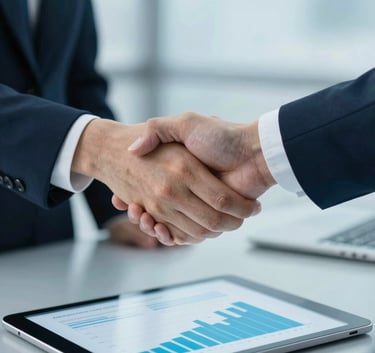 A close-up of two business professionals shaking hands over a sleek table with a tablet showing financial growth charts. High contrast lighting, professional corporate atmosphere, incorporating #3E6C8C and #CCD6E0.