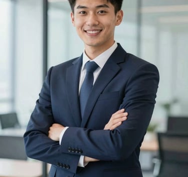 A professional commercial agent in a sharp navy suit, smiling confidently in a bright, modern corporate office. The background features glass windows and subtle business motifs. The palette includes professional tones of #1A2F3D and #F5F8FA.