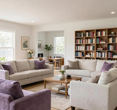 A wide-angle professional photograph of a modern, open-concept communal living area in a North American home. The space is filled with natural light, featuring comfortable furniture in shades of off-white and soft purple. There is a clean wooden floor and a large bookshelf. The atmosphere is serene, welcoming, and organized, reflecting a shared community spirit.