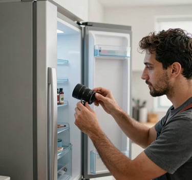 A professional repairman working on the back of a high-end refrigerator in a bright, modern Middle Eastern kitchen, silver and white tones, depth of field.