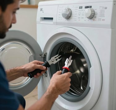 A close-up shot of a technician's hands using professional tools to fix a modern front-loading washing machine in a clean utility room, Middle Eastern / Gulf setting.