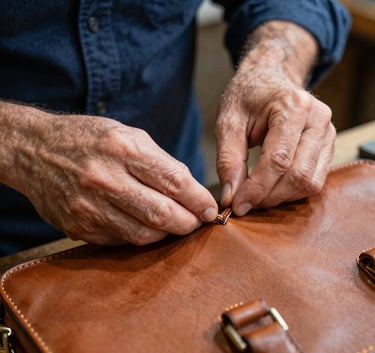 Close-up of a master artisan's hands in a Portuguese workshop carefully hand-stitching a high-end tan leather briefcase. The scene exudes craftsmanship with a palette of dark blue and medium blue in the background.
