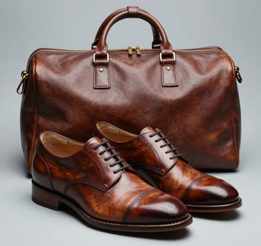 Still life photography of a pair of perfectly restored luxury leather shoes and a classic leather travel bag. Sophisticated lighting, light grey-blue background, elegant European style.