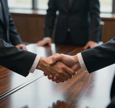 A high-angle photograph of a firm handshake between two professionals over a mahogany table in a British boardroom, soft window light, reflecting trust and reliability.