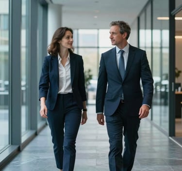 A professional portrait of two financial advisors in business attire walking through a minimalist corporate glass lobby in the United Kingdom, natural morning light, cool slate blue and dark navy tones.