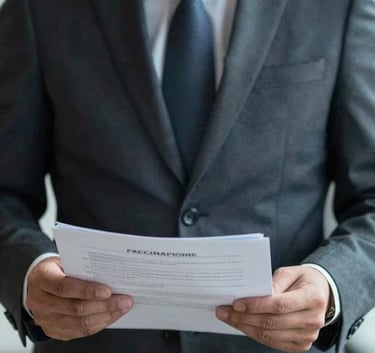 Close-up of a professional in a dark suit reviewing corporate documentation. The lighting is focused, with a steel grey blue tint, conveying high-trust advisory.