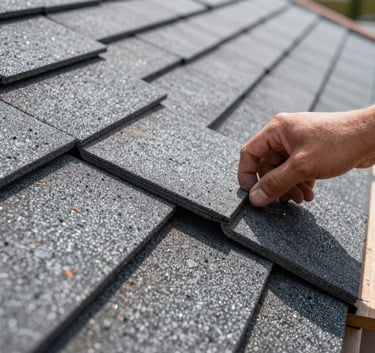 Close-up detail of high-quality architectural roofing shingles being installed by a skilled hand, showing texture and precision, daylight photography.