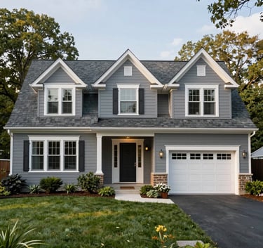 Wide-angle photography of a beautifully maintained residential house in Monmouth County, New Jersey, featuring a brand new dark gray shingle roof and professional landscaping.