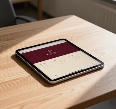 High-quality professional photography of a modern tablet lying on a minimalist oak table in a sunlit German university office. The screen displays an elegant app interface featuring deep crimson and parchment tones. Soft shadows and warm natural lighting.