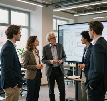 A group of professional colleagues in Central European attire working together in a bright, modern office space in Berlin. They are discussing communication strategies while standing around a digital screen. The atmosphere is grounded, innovative, and focused.