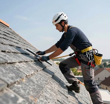 A roofer in professional attire working on a slate roof under a clear sky in France, demonstrating meticulous skill and safety, bright daylight, sharp focus on the craftsmanship.