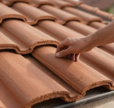 Macro shot of high-quality clay roof tiles being expertly installed on a residential building, Central European architecture, warm natural light, clean and professional composition.