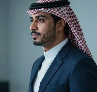 A sophisticated profile of a Saudi man in a professional setting, looking thoughtful. Moody, cinematic lighting with a clean background. Use blue tones like #0A1C3B in the shadows. High prestige feel, no text on image.