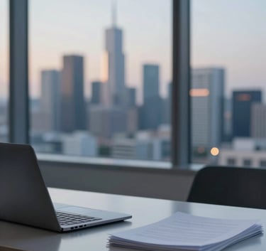 An elegant, minimalist writer's desk featuring a modern laptop and a stack of clean paper. A window view of a modern Saudi skyline at dusk. Colors include #0A1C3B and #F0F4F7. Cinematic and professional.