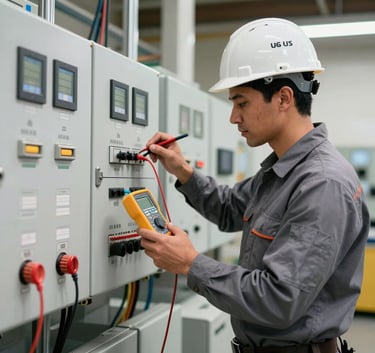 A wide shot of a professional North American / US electrician in a grey uniform and hard hat using a digital multimeter on a complex industrial control system, bright clean lighting, sophisticated technical environment.