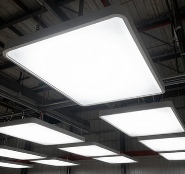 A detailed shot of modern LED lighting upgrades in a large North American / US warehouse, showing clean white light illuminating steel structures and industrial equipment, high-contrast professional photography.