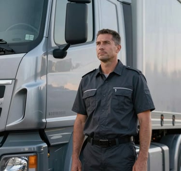 A professional transport driver in a dark charcoal uniform standing confidently next to a large transport vehicle. The driver is looking towards the horizon with a calm, capable expression. Steel grey and cool silver tones dominate the metallic environment.