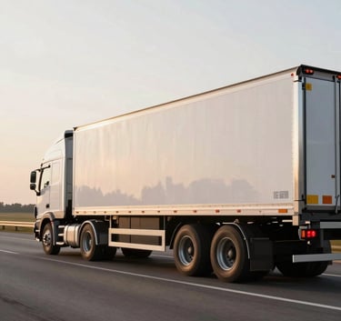 A side profile of a clean, modern vehicle carrier truck driving down a wide Nebraska highway. The sky is a soft off-white with early morning light. The composition is sleek and professional, emphasizing efficiency and speed.