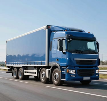 A professional transport truck driving on a clean, modern asphalt road under a bright blue sky, the truck body reflects the corporate palette of #A4B7C4 and #3F5B6F, minimalist and high-quality photography.