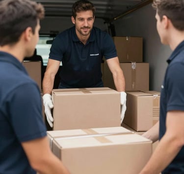 Close-up of careful movers placing protected boxes into a well-maintained truck, focused on the safety and professional handling of goods, natural lighting, clean aesthetic.