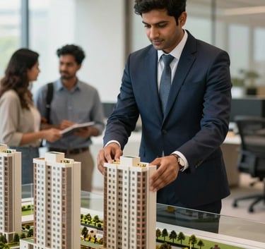 A professional real estate consultant in a modern office setting in India, showing a miniature architectural model of a residential complex to a couple. The scene is bright and conveys trustworthiness.