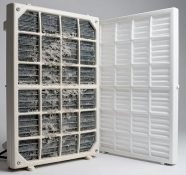High-contrast split photography showing a dirty air conditioner filter covered in thick grey dust on the left versus a perfectly white and sanitized clean filter on the right, bright professional studio lighting.