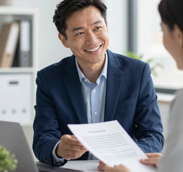A professional and friendly consultant in a bright office environment, smiling while explaining a document to a client, incorporating brand colors #0F1C2E and #F8FBFD in the background decor.