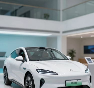 A modern, sleek white car parked in a well-lit showroom with high ceilings, representing the freedom of accessibility, featuring soft blue #B6DDE5 lighting accents.