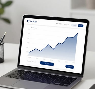 A minimalist, modern workspace with a tablet showing financial growth charts. The aesthetic is clean and sophisticated, using the palette colors #1B263B and #E0E1DD to suggest a focus on performance optimization.