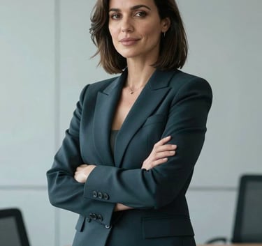 A professional portrait of a woman with a confident, empathetic expression, wearing a dark charcoal teal suit, in a modern office with pale mist grey walls.