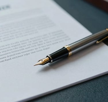 A close-up of a legal desk with a fountain pen and documents, accented with dusty blue-grey and dark charcoal teal tones, emphasizing professional rigor.