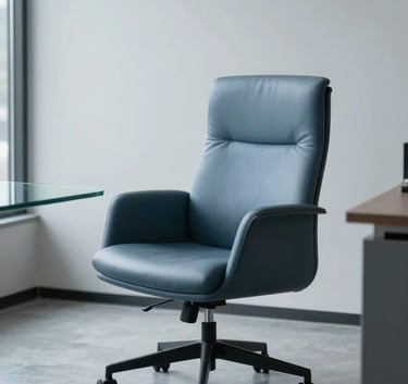 A minimalist North American office interior with a single refined leather chair, a glass table, and soft natural lighting, predominantly in shades of slate blue and light grey.