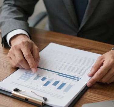 A close-up photograph of a professional in a tailored suit reviewing a clean, minimalist financial report on a high-end wooden desk, North American corporate setting.