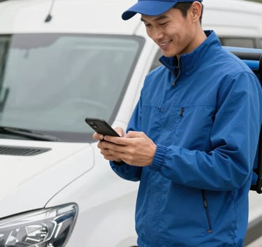 A professional delivery driver in a steel blue jacket standing next to a clean vehicle, smiling and looking at a smartphone, bright daylight with soft off-white reflections.