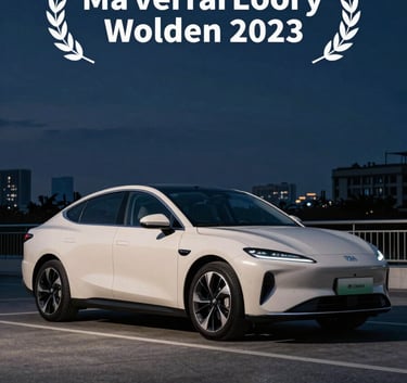 A sleek, off-white modern sedan parked on a clean city street at dusk, the dark navy blue evening sky creating a professional and reliable atmosphere, sharp automotive photography style.