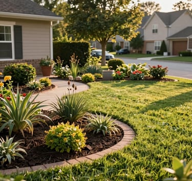 Professional landscaping in a North American suburban backyard, neat garden beds and a manicured lawn under warm afternoon lighting.