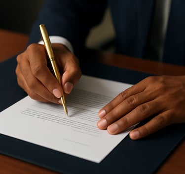 Close-up of a South Asian / Indian professional's hands holding a gold pen, signing a document on a dark navy blue desk pad, professional and clean aesthetic.
