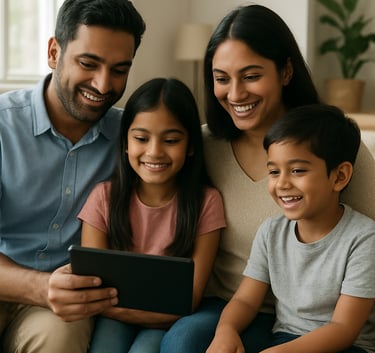 A portrait of a happy South Asian / Indian family sitting on a sofa in a bright, modern living room, looking at a digital tablet together, soft natural lighting.