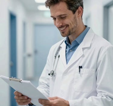 A professional Western European healthcare practitioner in a white lab coat smiling reassuringly while reviewing charts in a bright, modern corridor with soft blue accents.