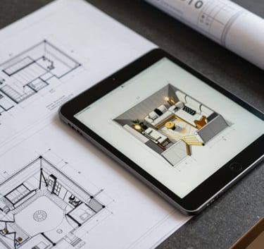 A close-up photograph of architectural blueprints and a digital tablet showing a 3D interior layout on a polished dark charcoal desk. The scene conveys professional expertise and modern design tools in a US studio setting.
